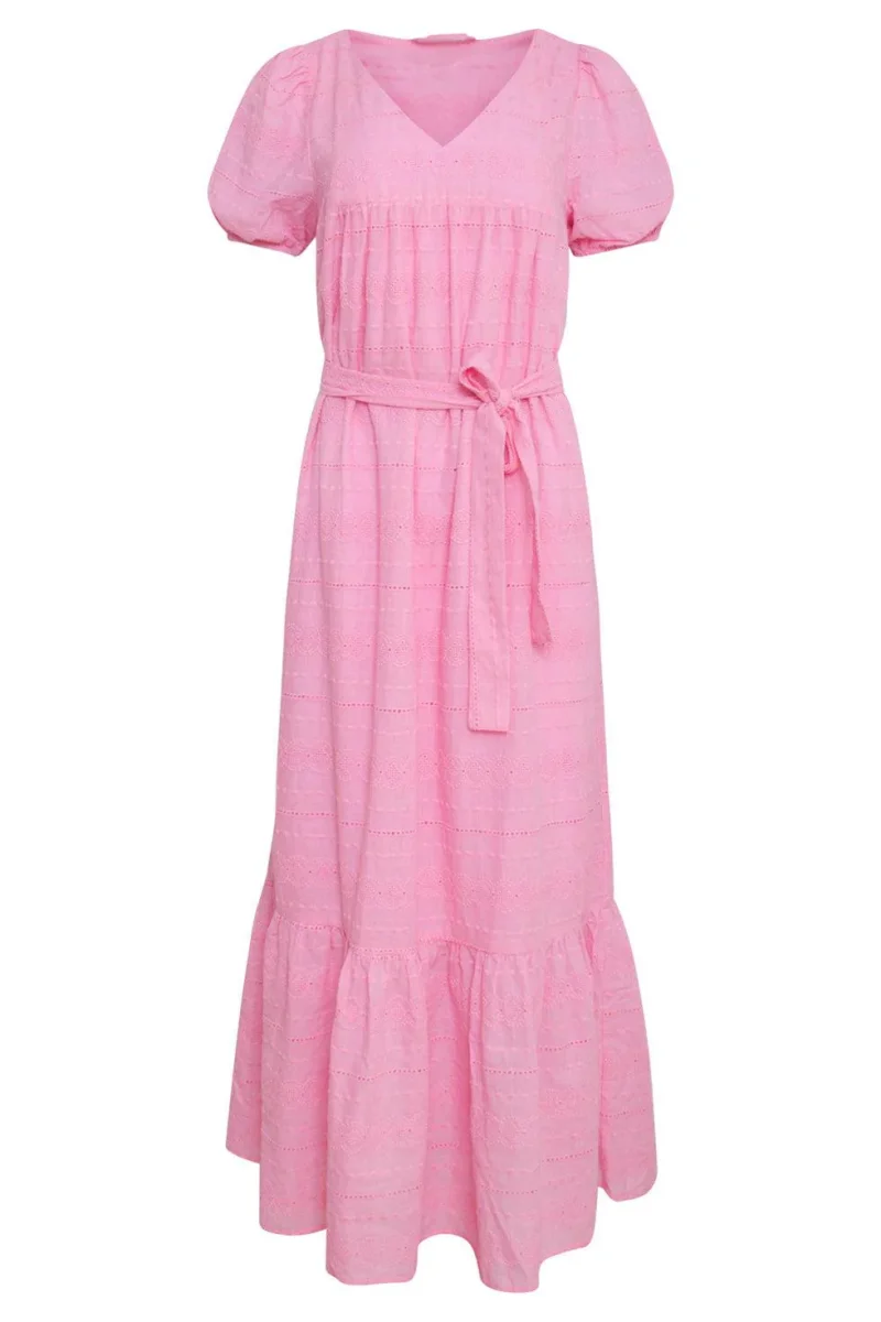 23357-420 Zomerjurk Met V-Halskorte Pof Mouwen Van 100% Katoen | Pink - Afbeelding 3