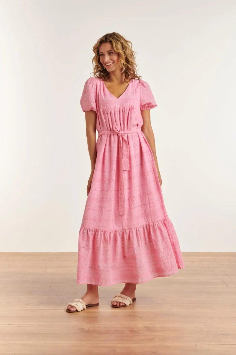 23357-420 Zomerjurk Met V-Halskorte Pof Mouwen Van 100% Katoen | Pink - Afbeelding 6
