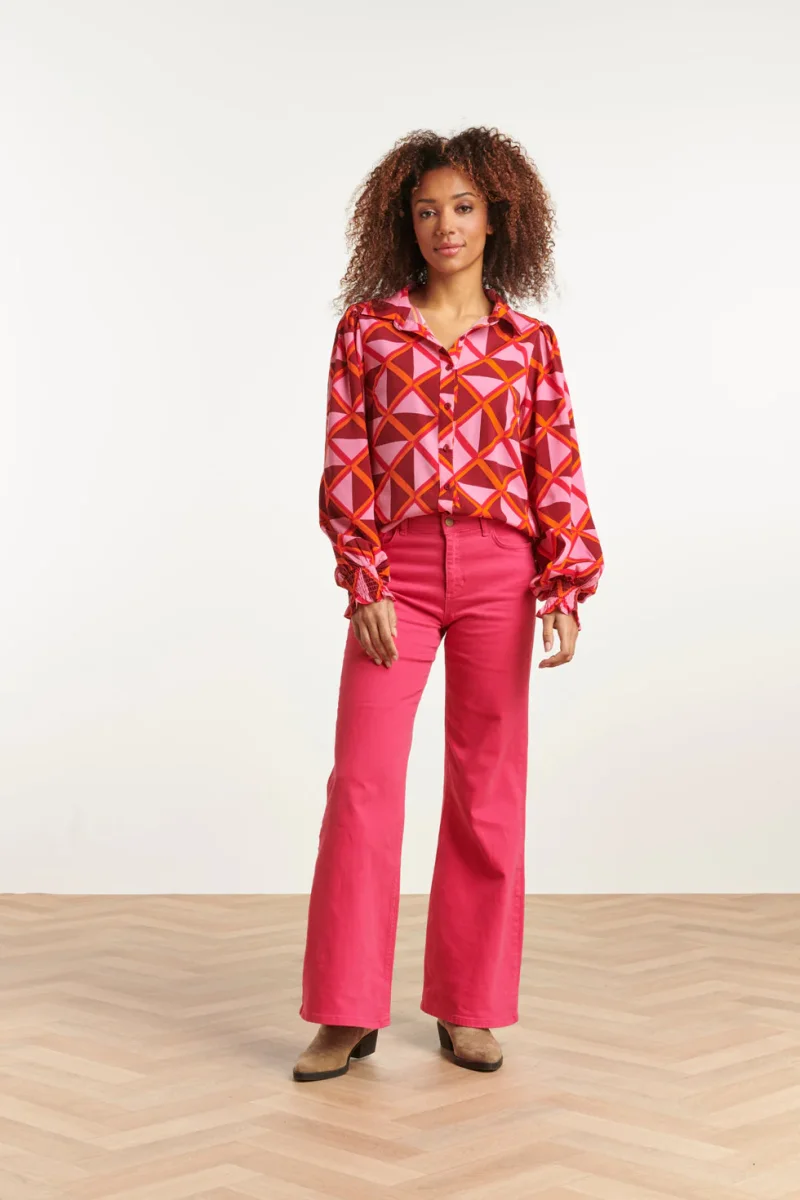 23501 Dames Blouse Met Pofmouwengrafische Print | Pink - Orange - Afbeelding 4