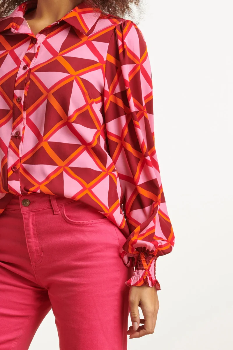 23501 Dames Blouse Met Pofmouwengrafische Print | Pink - Orange - Afbeelding 5