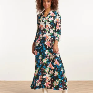 23547 Flared Maxi Jurk Met Heldere Bloemenprint | Black - Muticolour