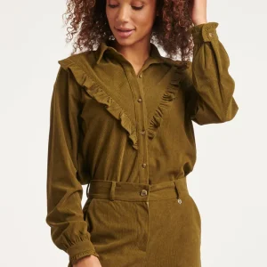 23583 Boho Western Corduroy Blouse Met Ruffle Neckline | Army
