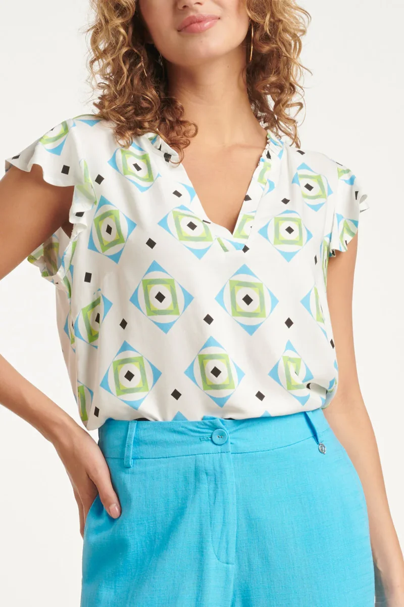 24071 Zomerse Top Met V-Halsspeelse Frill Mouwen | White - Muticolour - Afbeelding 4