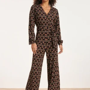 24547 E Stretchy Jumpsuit Met Bladerprint | Black - Brown