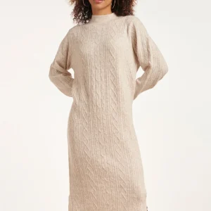 24631 Beige E Gebreide Midi Jurk Met Kabelstructuur | Sand