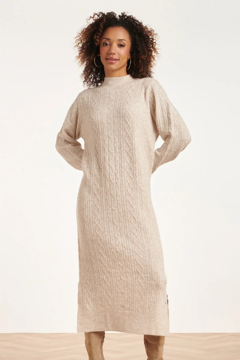 24631 Beige E Gebreide Midi Jurk Met Kabelstructuur | Sand - Afbeelding 2
