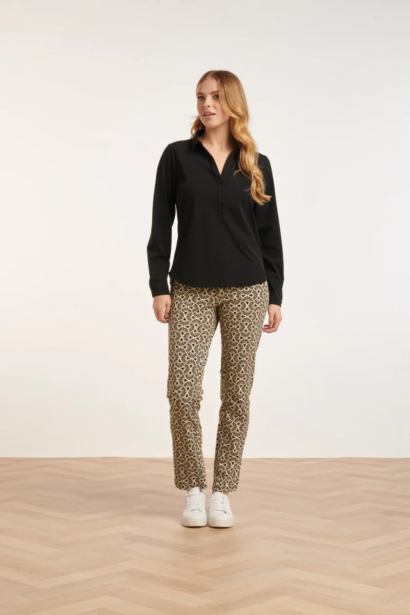 24726 Slim Fit Grafische Bloem Geprinte Travel Kwaliteit Broek | Sand - Black - Afbeelding 5
