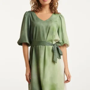 25022 V-Vormige Jurk Met Ballonmouwen Ombre Print | Off White - Light Green