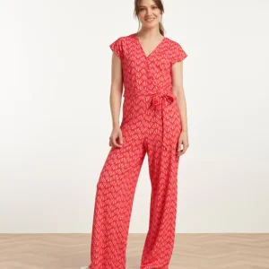 25039 V-Vormige Jumpsuit Met Overlappende Halslijnschelpprint | Red - Pink