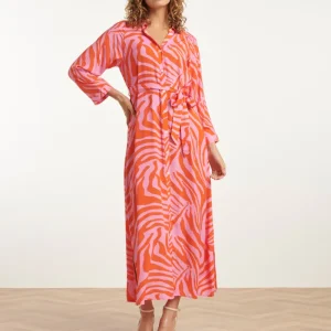 25086 Summer Maxi Shirt Jurk Met Dierenprint | Pink - Orange