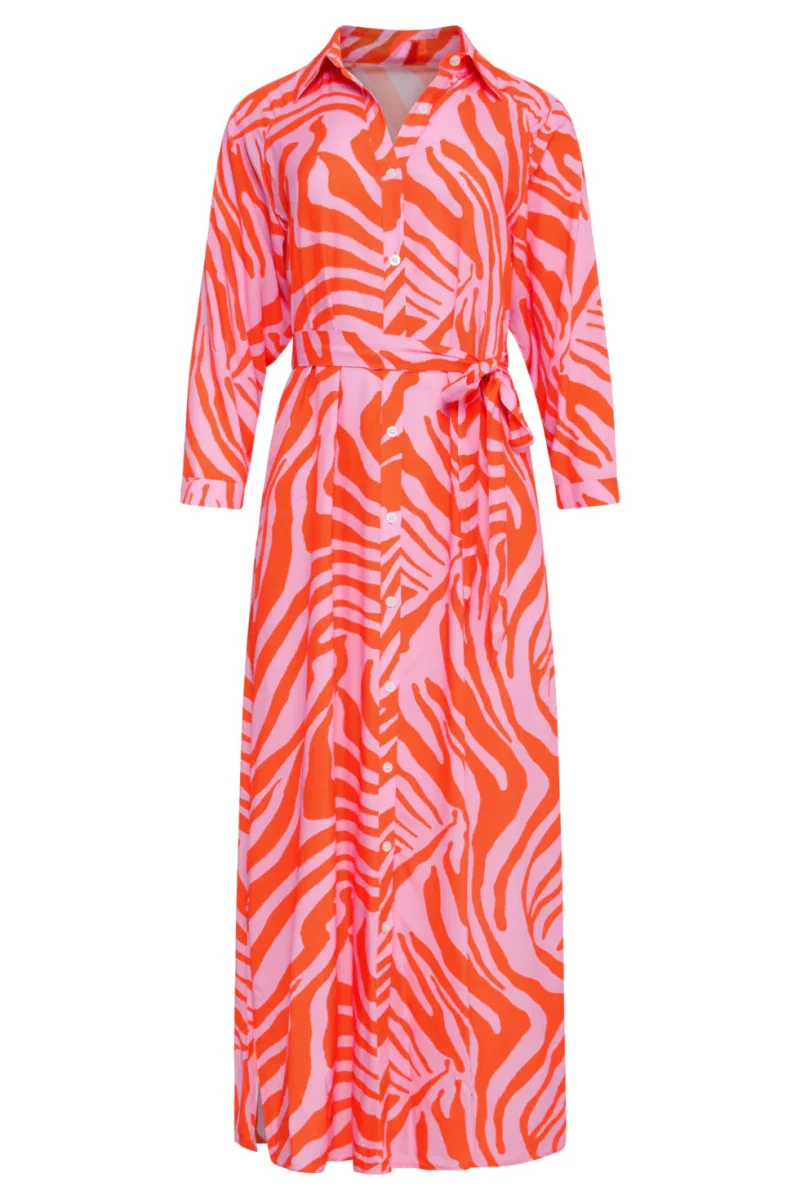 25086 Summer Maxi Shirt Jurk Met Dierenprint | Pink - Orange - Afbeelding 3