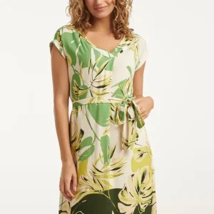 25162 Off White Bladprint Jurk Met V-Hals | Army - Light Green