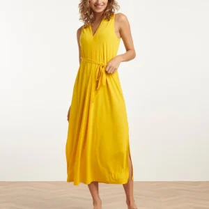 25173 Stretch Midi Jurk Met V-Hals | Yellow