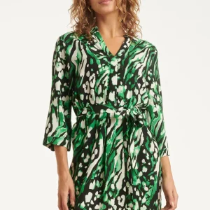 25679 Groen En Zwart Dierenprint Jurk Met V-Hals En Kraag | Black - Green
