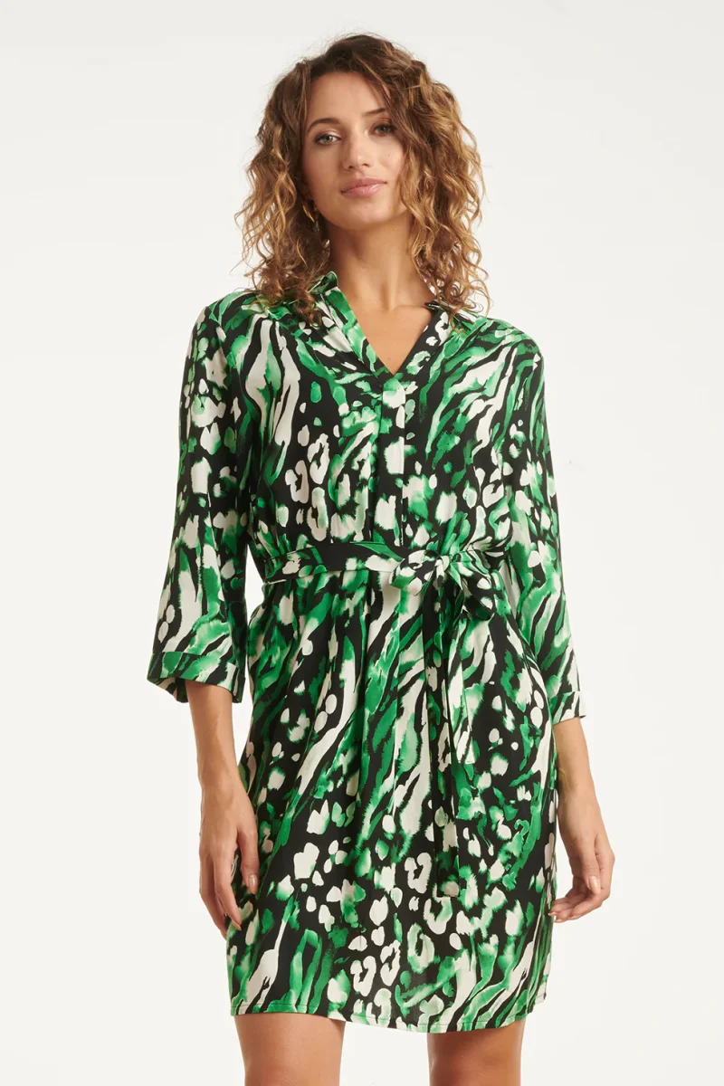 25679 Groen En Zwart Dierenprint Jurk Met V-Hals En Kraag | Black - Green - Afbeelding 2