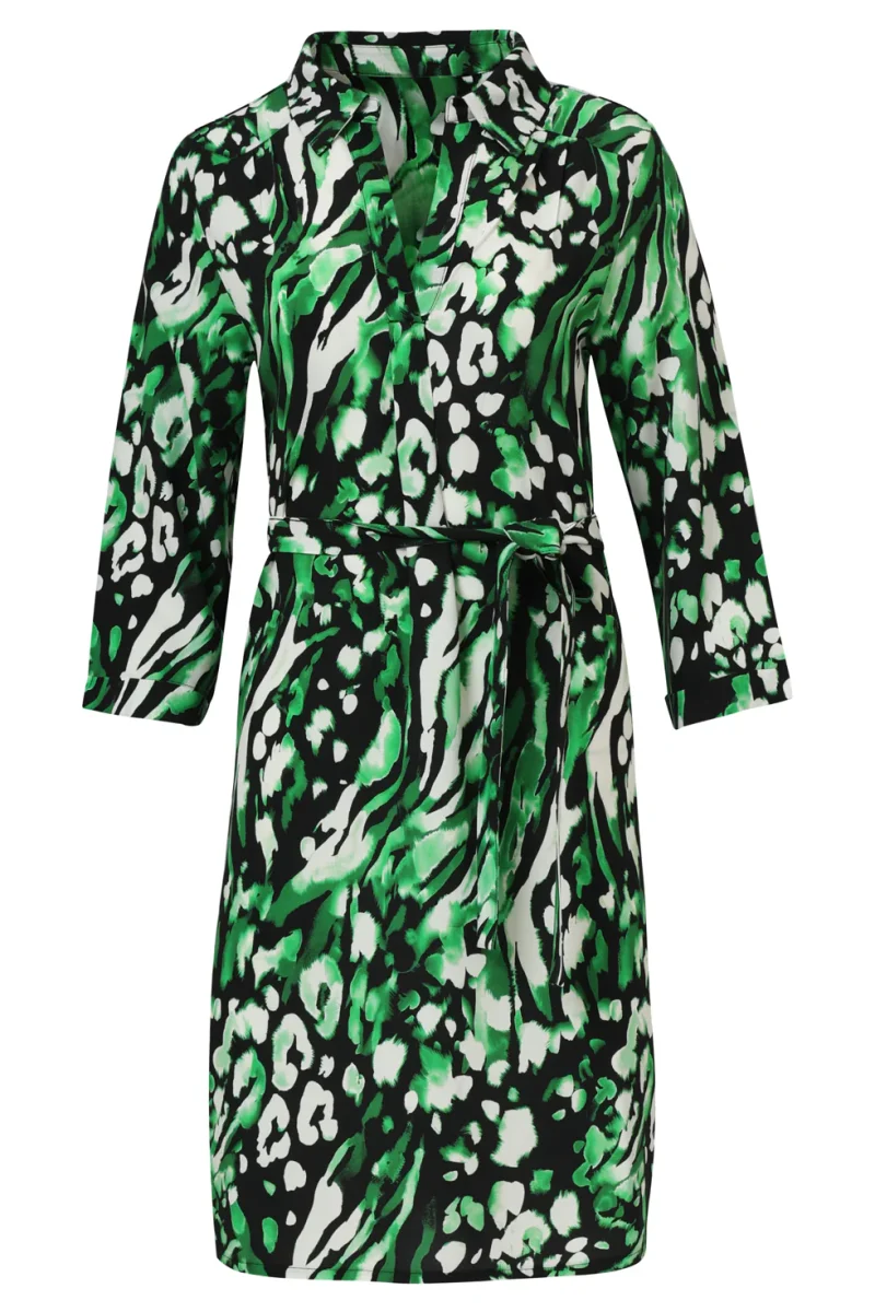 25679 Groen En Zwart Dierenprint Jurk Met V-Hals En Kraag | Black - Green - Afbeelding 7