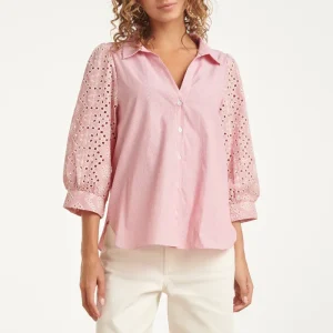Gestreepte Blouse Met Broderie Mouwen | Red - White