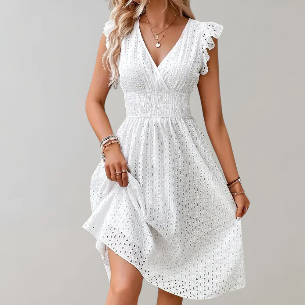 Witte zomerjurk met ruches, mouwloos en halflange snit - Afbeelding 5